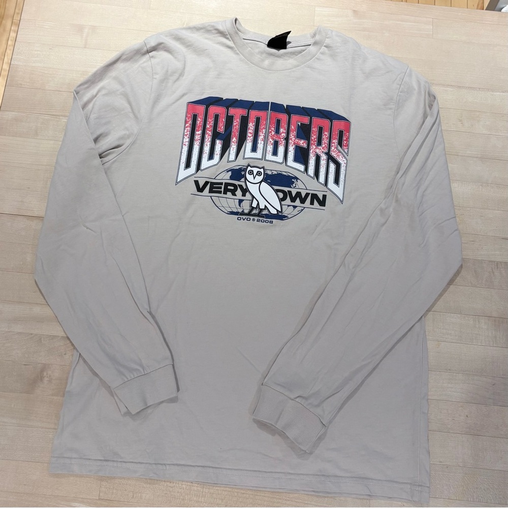 OVO Beige Long Sleeve Graphic Tee with Red & Navy Octobers Logo